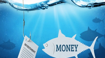 Attracting money in investments. Fishing hook with bait investment for investors. Blue underwater sea background