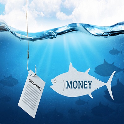 Attracting money in investments. Fishing hook with bait investment for investors. Blue underwater sea background